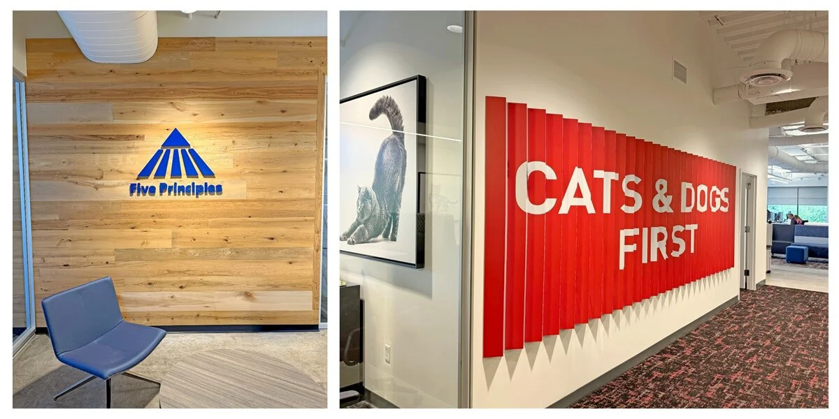 A collage featuring Royal Canin's Five Principles and the custom-engineered lenticular wall, which says, "Cats and Dogs First".